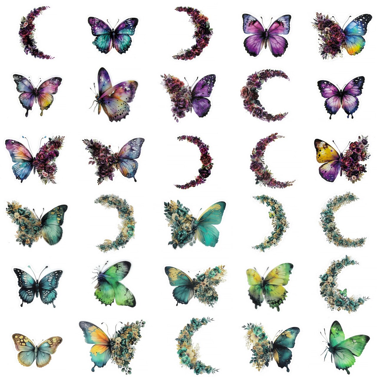 Wrapables Floral Butterfly Moon PET Stickers for Scrapbooking, Junk Journals, Stationery, Card Making, DIY, Arts and Crafts, Water Bottles, Phones, Laptops (60pcs), Teal and Amethyst